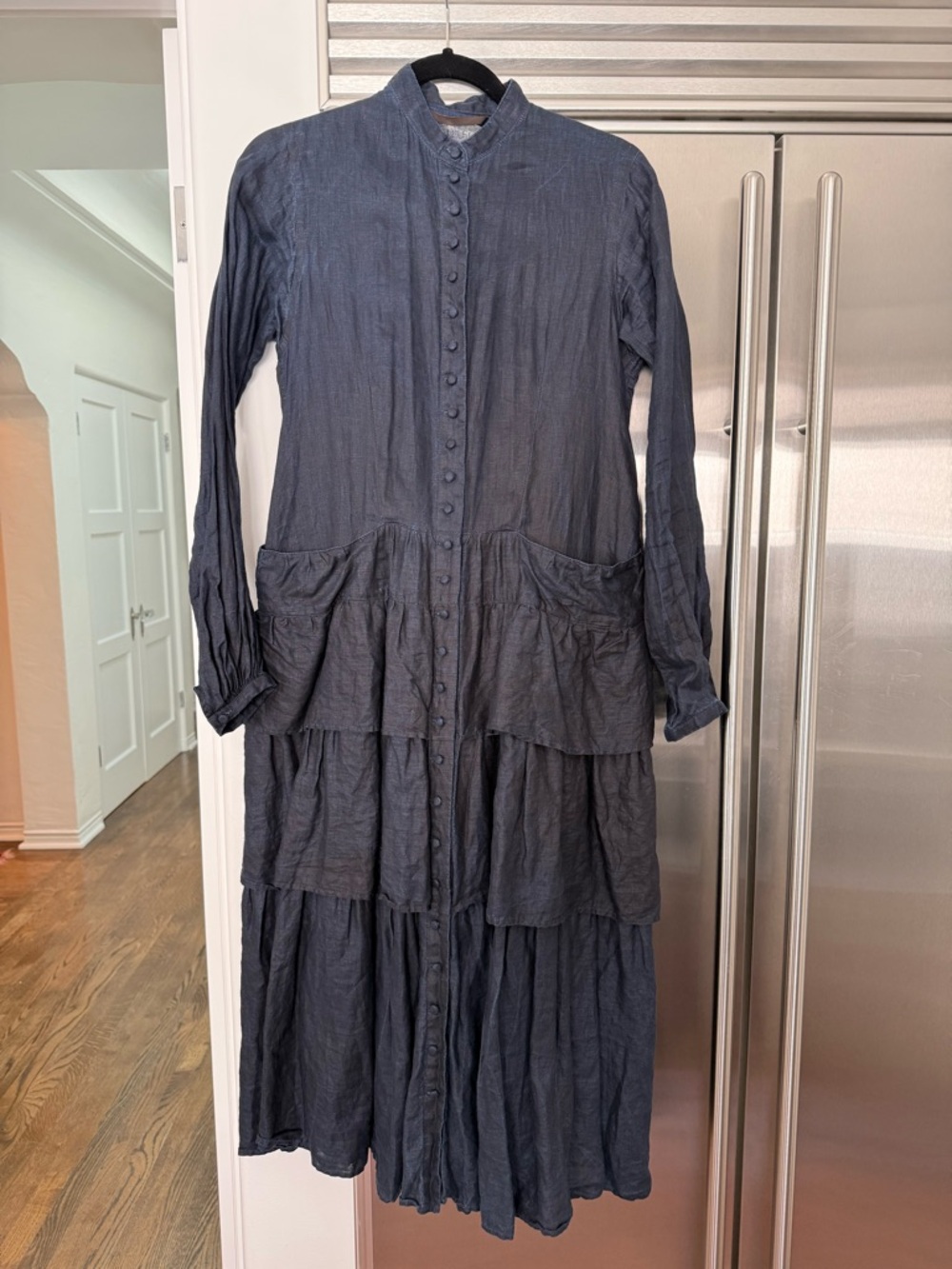 Stand-Collar Indigo Blue Tiered Button-Front Maxi Dress